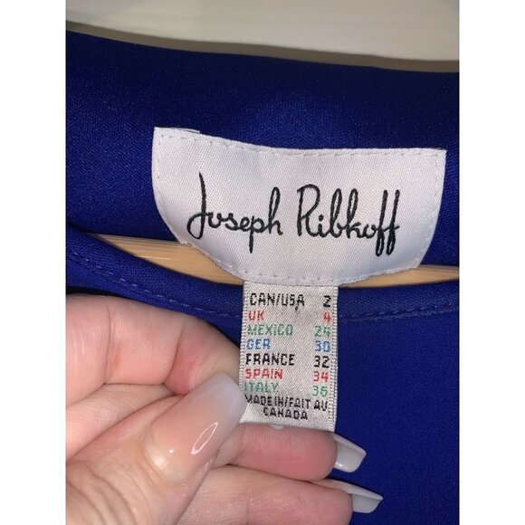 Joseph Ribkoff Sapphire Blue Ruffled Trim Draped Overlay Sheath Dress Size 2 - Picture 6 of 7